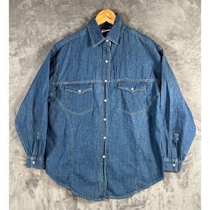 Sasson Denim Pearl Snap Shirt Mens Medium Medium Wash Indigo Western 90's Cowboy